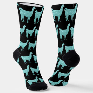 Llama Light Turquoise Sparkles pattern black Socks
