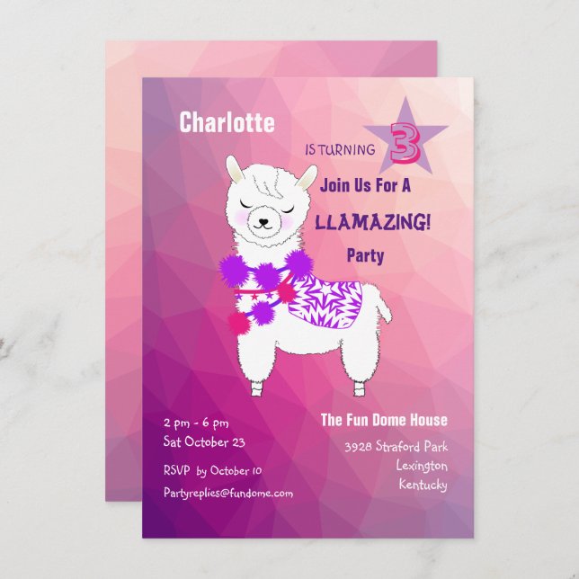 Llama Llamazing Girls Cute Birthday Party Invitation (Front/Back)