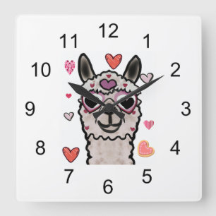 Llama Love Hearts Valentine's Square Wall Clock