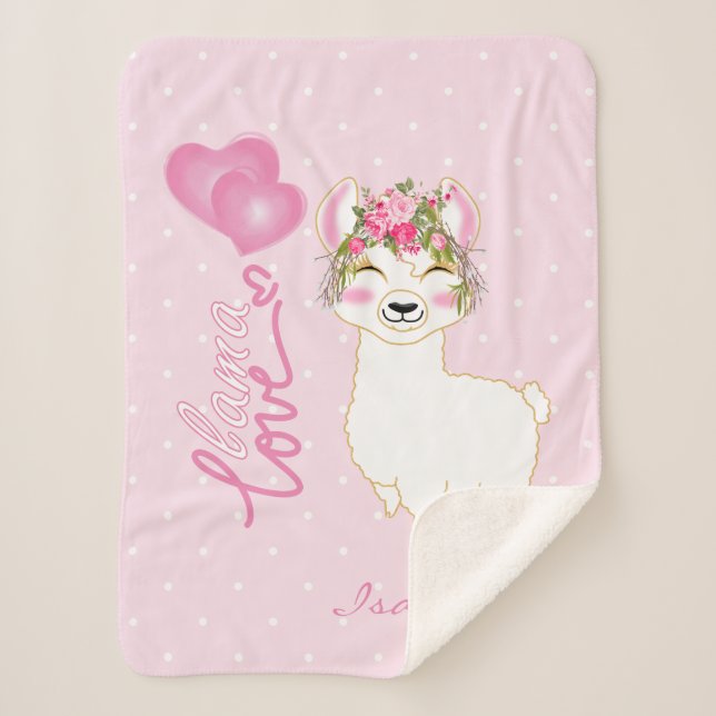 Llama Love in Pink Floral Design Sherpa Blanket (Front)