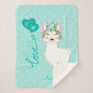 Llama Love in Teal Floral Design Sherpa Blanket