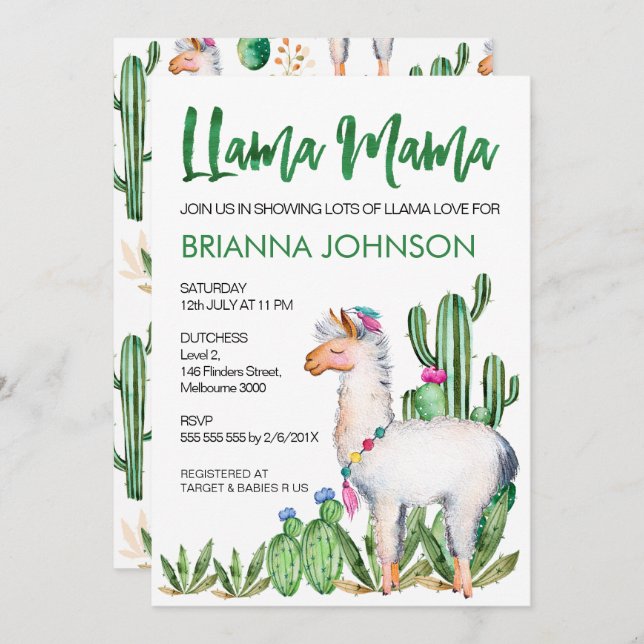 LLama Love Watercolor Baby Shower Invitation (Front/Back)