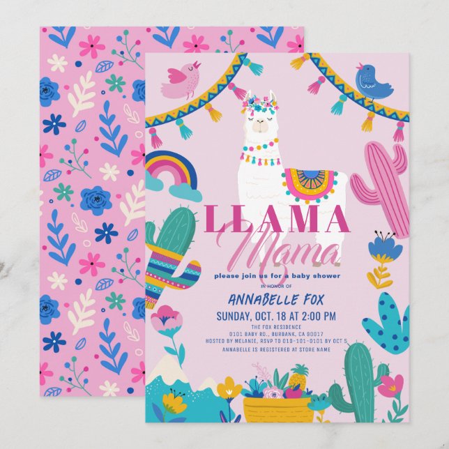 Llama Mama Alpaca Cactus Girl Pink Baby Shower Invitation (Front/Back)