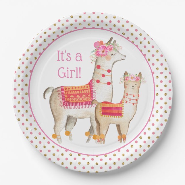Llama Mama Baby Girl Baby Shower Paper Plate (Front)