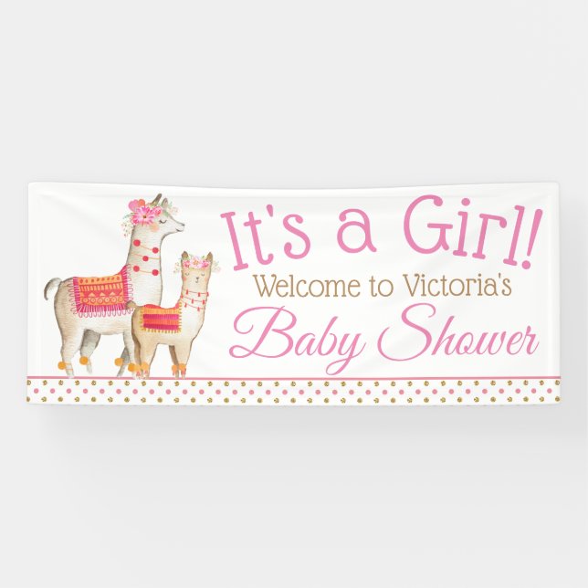 Llama Mama Baby Girl Llama Baby Shower Banner (Horizontal)