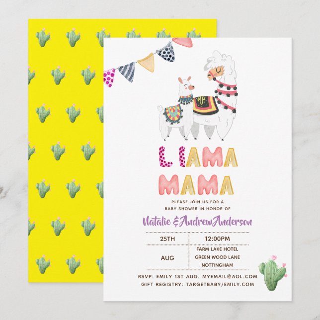 Llama Mama Baby Shower Fiesta Cacti Cute Girls Invitation (Front/Back)