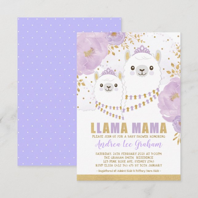 Llama Mama Baby Shower / Purple Gold Floral Fiesta Invitation (Front/Back)