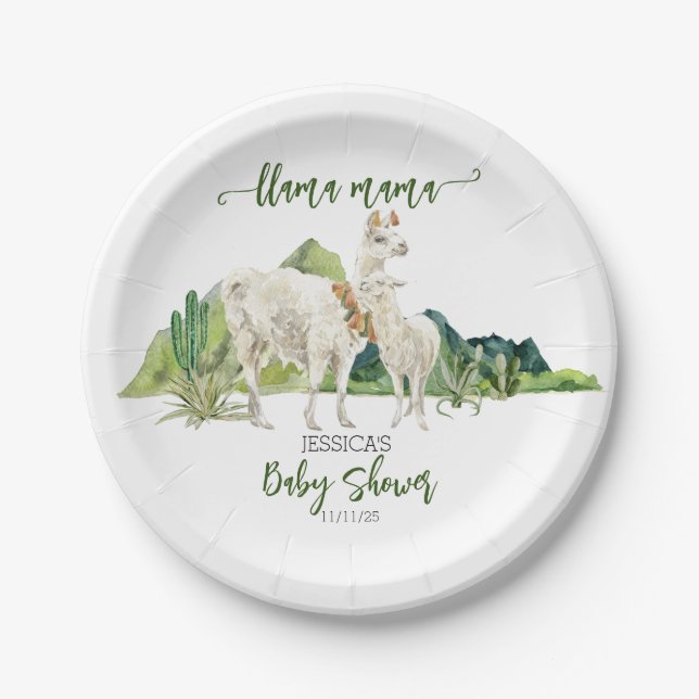 Llama Mama Baby Shower Watercolor   Paper Plate (Front)