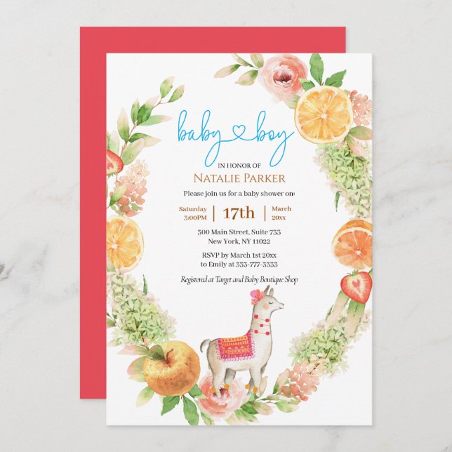 Llama Mama Citrus Floral Greenery Baby Boy Shower  Invitation (Front/Back)