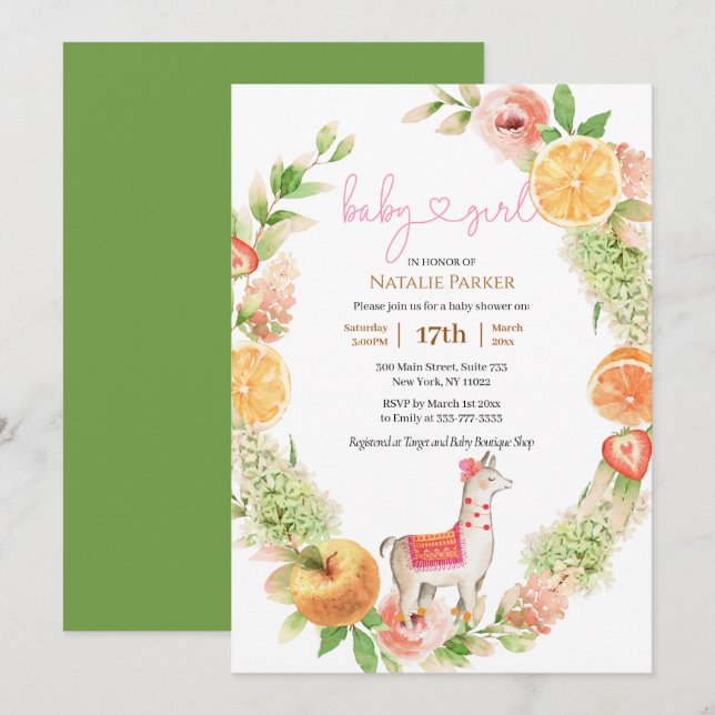 Llama Mama Citrus Floral Greenery Baby Girl Shower Invitation (Front/Back)