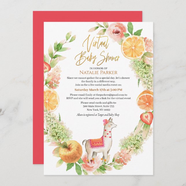 Llama Mama Floral Greenery Virtual Baby Shower Invitation (Front/Back)