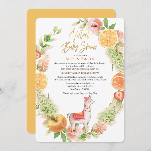 Llama Mama Floral Greenery Virtual Baby Shower Invitation (Front/Back)