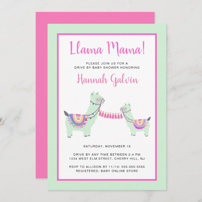 Llama Mama Pink Green Festive Drive By Baby Shower Invitation (Front/Back)