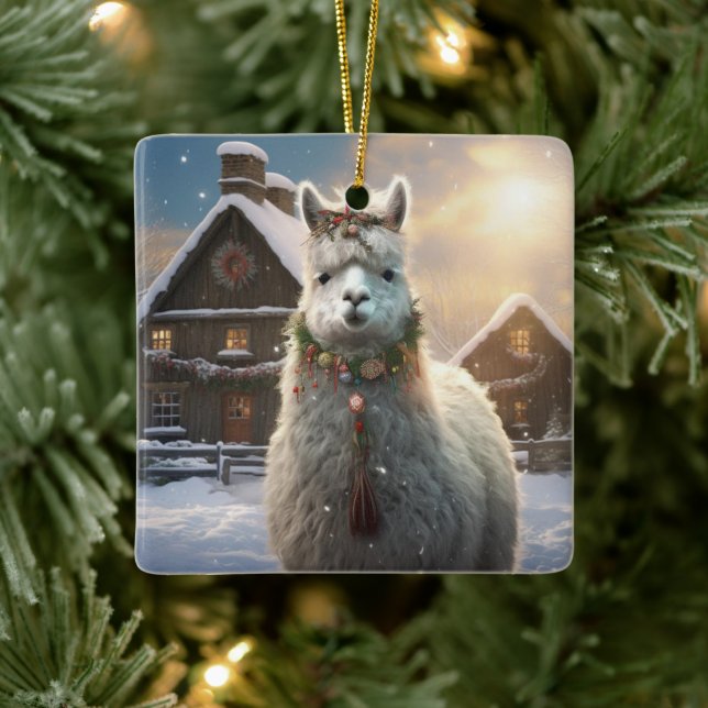 Llama Merry Christmas Ornament, Pet Lover Gift Ceramic Ornament (Tree)