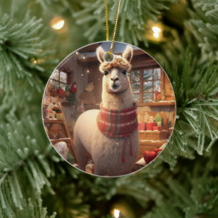 Llama Merry Christmas Ornament, Pet Lover Gift Ceramic Tree Decoration