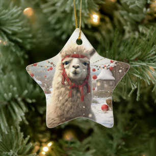 Llama Merry Christmas Ornament, Pet Lover Gift Ceramic Tree Decoration