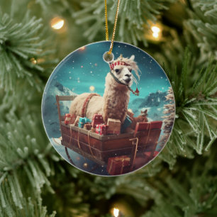 Llama Merry Christmas Ornament, Pet Lover Gift Ceramic Tree Decoration