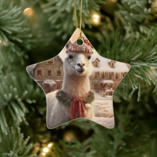 Llama Merry Christmas Ornament, Pet Lover Gift Ceramic Tree Decoration