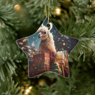 Llama Merry Christmas Ornament, Pet Lover Gift Ceramic Tree Decoration