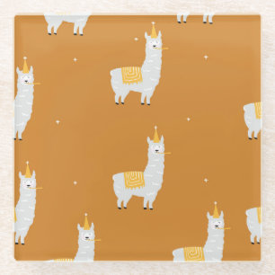 Llama, orange background: birthday pattern. glass coaster