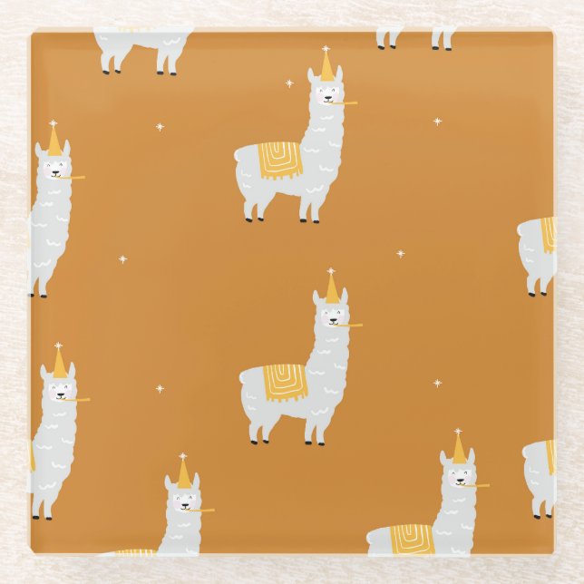 Llama, orange background: birthday pattern. glass coaster (Front)