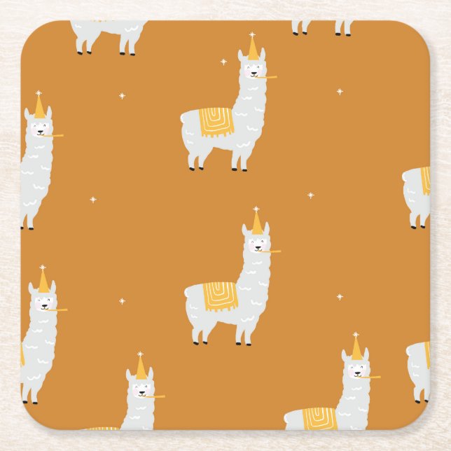 Llama, orange background: birthday pattern. square paper coaster (Front)