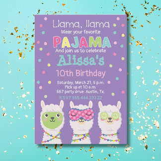 Llama pajama party, spa party  invitation