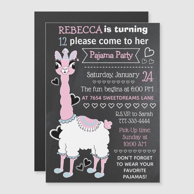 Llama Pajama Sleepover Girl Party Blackboard Style Magnetic Invitation (Front/Back)
