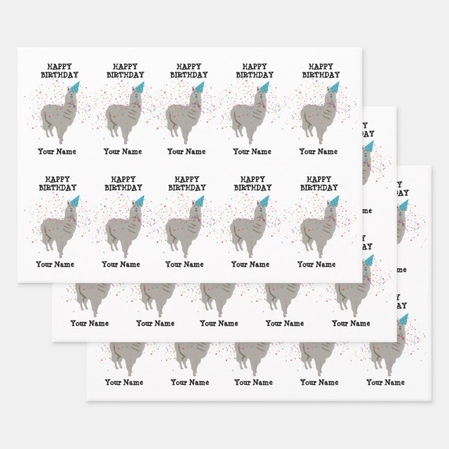 Llama Partying - Animal Having a Party Custom Name Wrapping Paper Sheet (Set)
