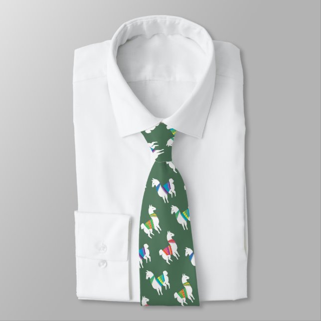 Llama Pattern Green Custom Colour Tie (Tied)