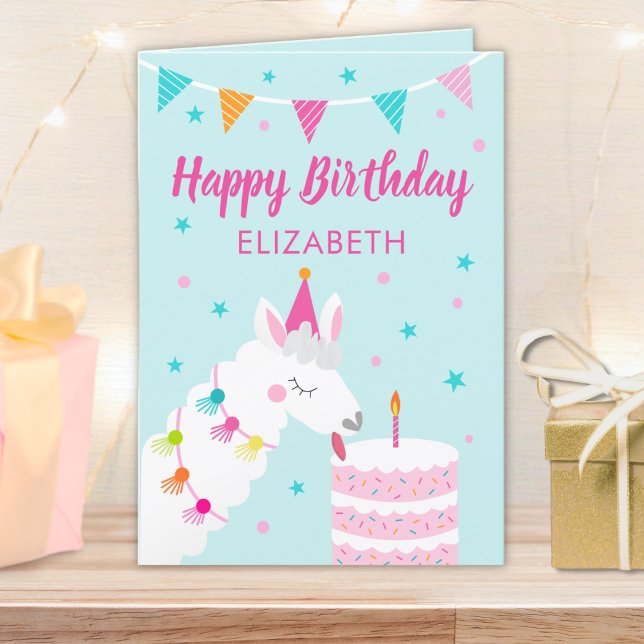 Llama Personalized Name Aqua Happy Birthday  Card (Creator Uploaded)