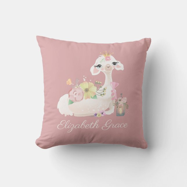 Llama Pink and White with Flowers Girly Cushion (Front)