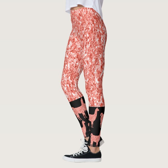 Llama pink coral glitter Sparkles pattern black  Leggings (Left)