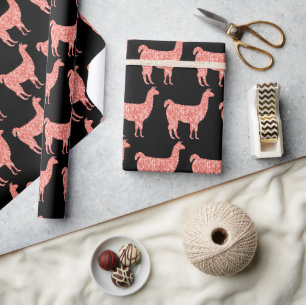 Llama pink coral glitter Sparkles pattern black Wrapping Paper