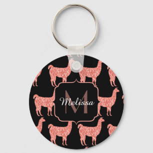Llama pink coral glitter Sparkles pattern Monogram Key Ring