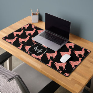 Llama pink coral Sparkles pattern Monogram black Desk Mat