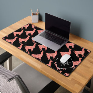 Llama pink coral Sparkles pattern Monogram black Desk Mat