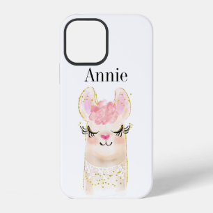 Llama Pink Watercolor Name iPhone 12 Case