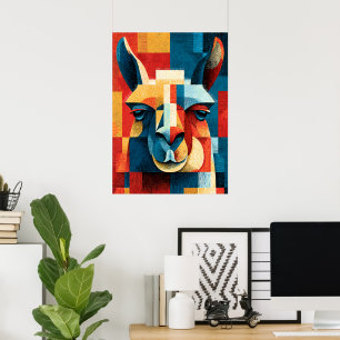 Llama Portrait Poster - Retro Geometric Woodcut 