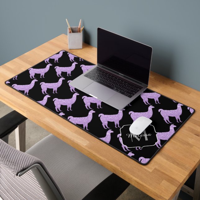 Llama Purple lavender Sparkles pattern Monogram Desk Mat (Office 2)