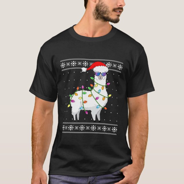 Llama Santa Hat Christmas Lights Ugly Xmas Sweater (Front)