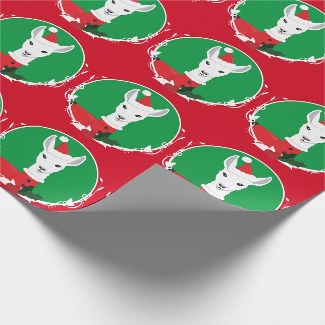 Llama Santa Red Green Novelty Animal Christmas Wrapping Paper (Corner)