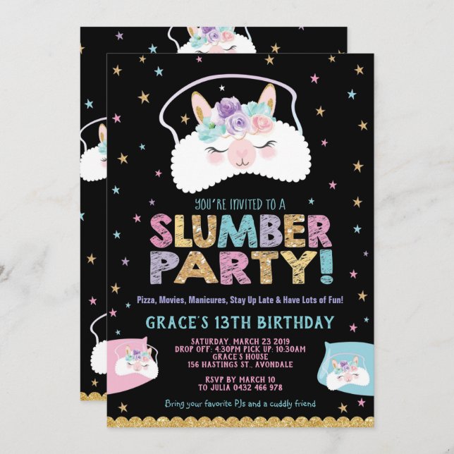 Llama Slumber Party Birthday Invitation Sleepover (Front/Back)
