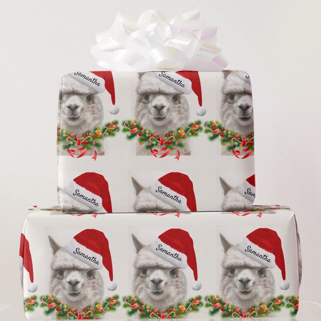 Llama Smiles Santa Hat Custom Name Christmas Wrapping Paper (Creator Uploaded)