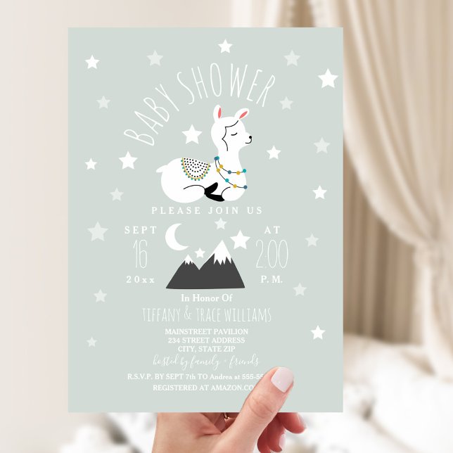 Llama Stars Blue Baby Shower Invitation (Creator Uploaded)