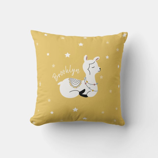 Llama Stars Yellow Girl Nursery Cushion (Front)