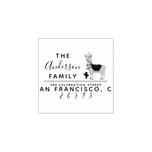Llama & Succulent Family Name Return Address Rubber Stamp