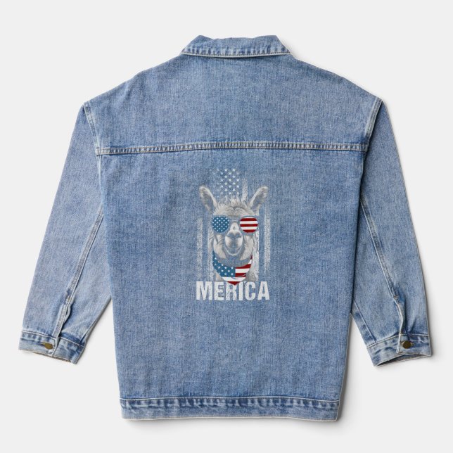 LLama Sunglasses Funny Animal   American Flag Patr Denim Jacket (Back)