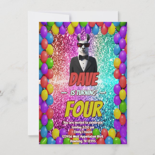 Llama Tuxedo Cool party birthday invite (Front)