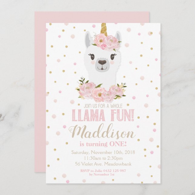 Llama Unicorn Birthday Invitation Blush Floral (Front/Back)